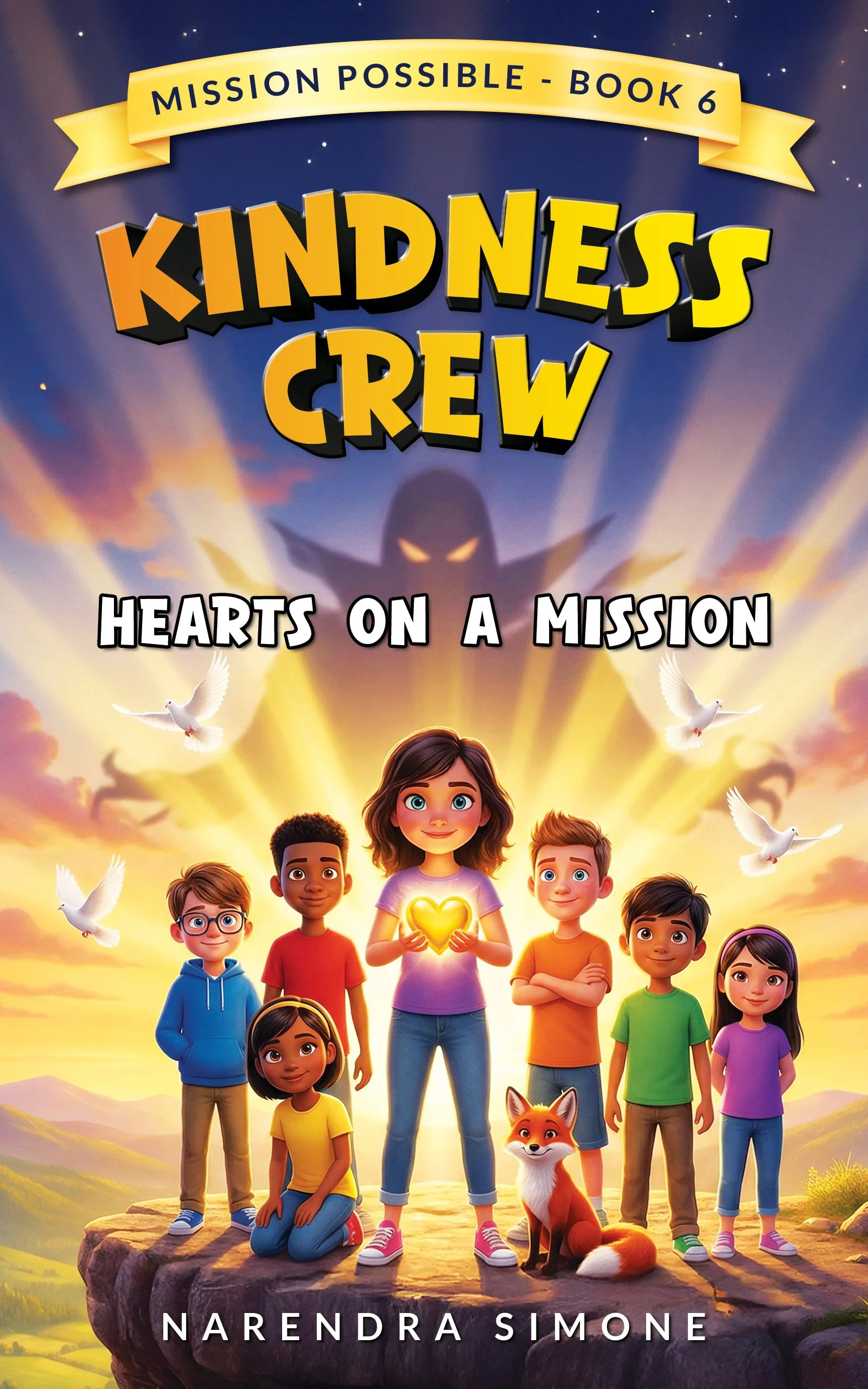 Book cover illustration for 'Kindness Crew: Hearts on a Mission' by Narendra Simone, featuring a group of children and a dog standing on a rock with a sunset, clouds, doves, and a shadowy figure in the background.