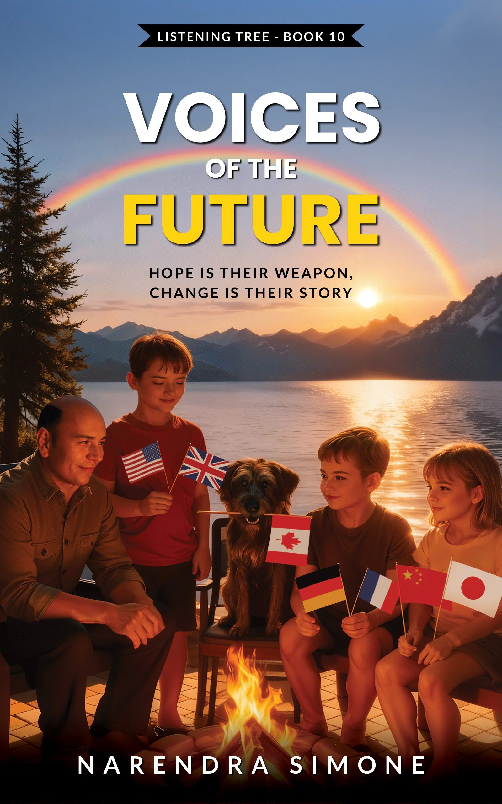 Book cover titled "Voices of the Future" by Narenda Simone, featuring a group of children and a dog holding flags of different nations, sitting around a campfire with a scenic sunset, mountains, lake, and rainbow in the background.