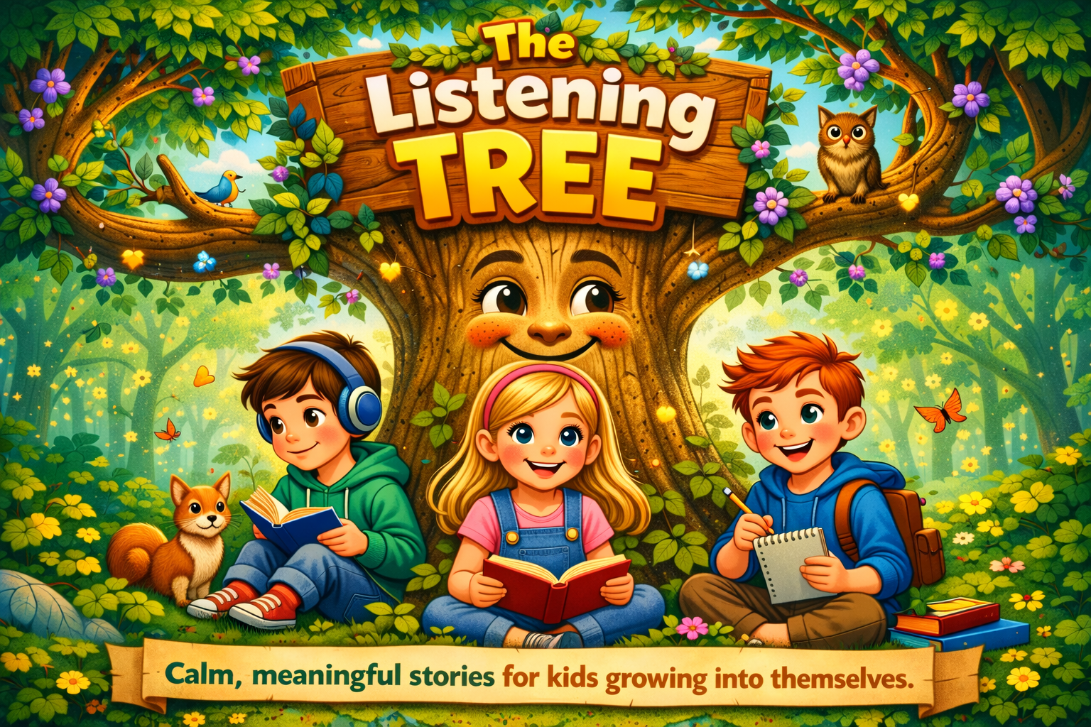 Colorful cover illustration for 'The Listening Tree' featuring three children sitting on grass at the base of a large tree with a smiling face, surrounded by birds, a cat, butterflies, and flowers. The tagline reads 'Calm, meaningful stories for kids growing into themselves.'