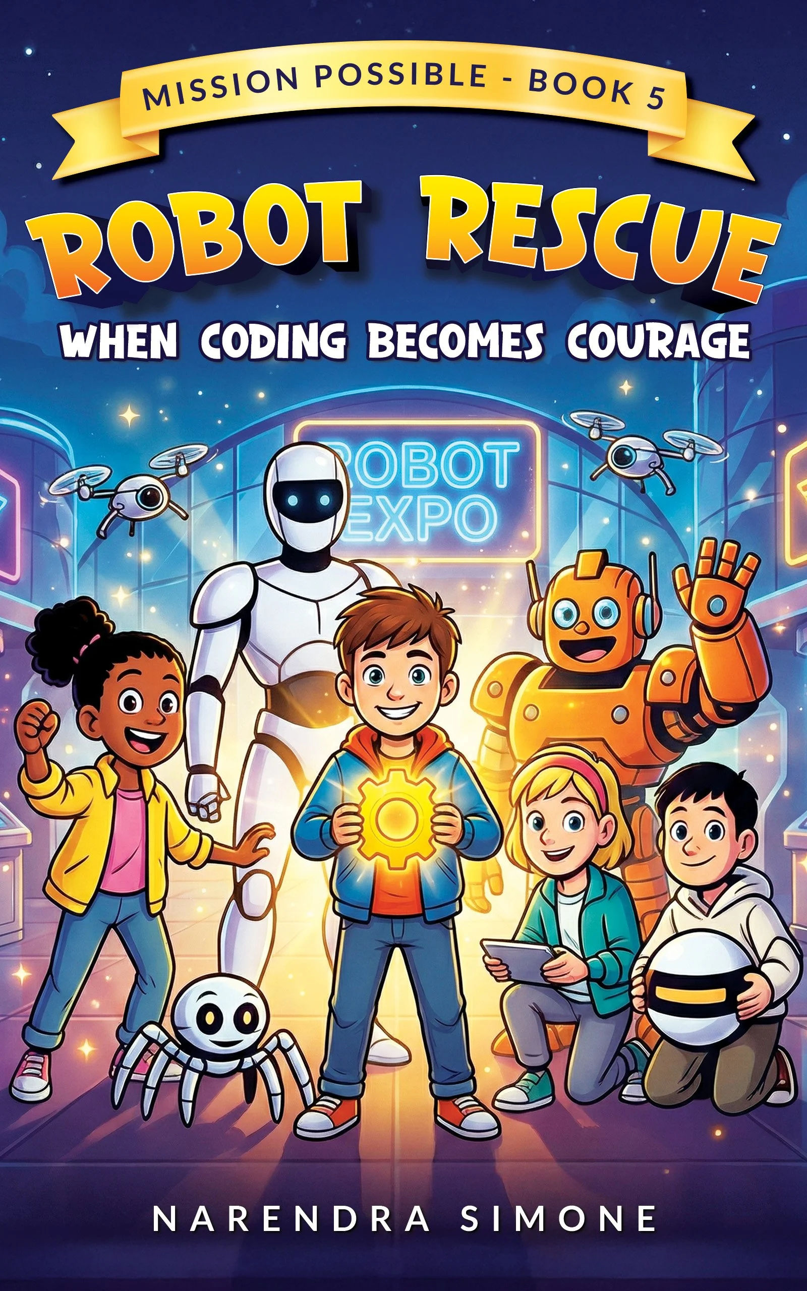 Colorful children's book cover titled "Robot Rescue" with cartoon kids, robots, drones, and a spider in front of a neon-lit robot expo, authored by Narendra Simone.