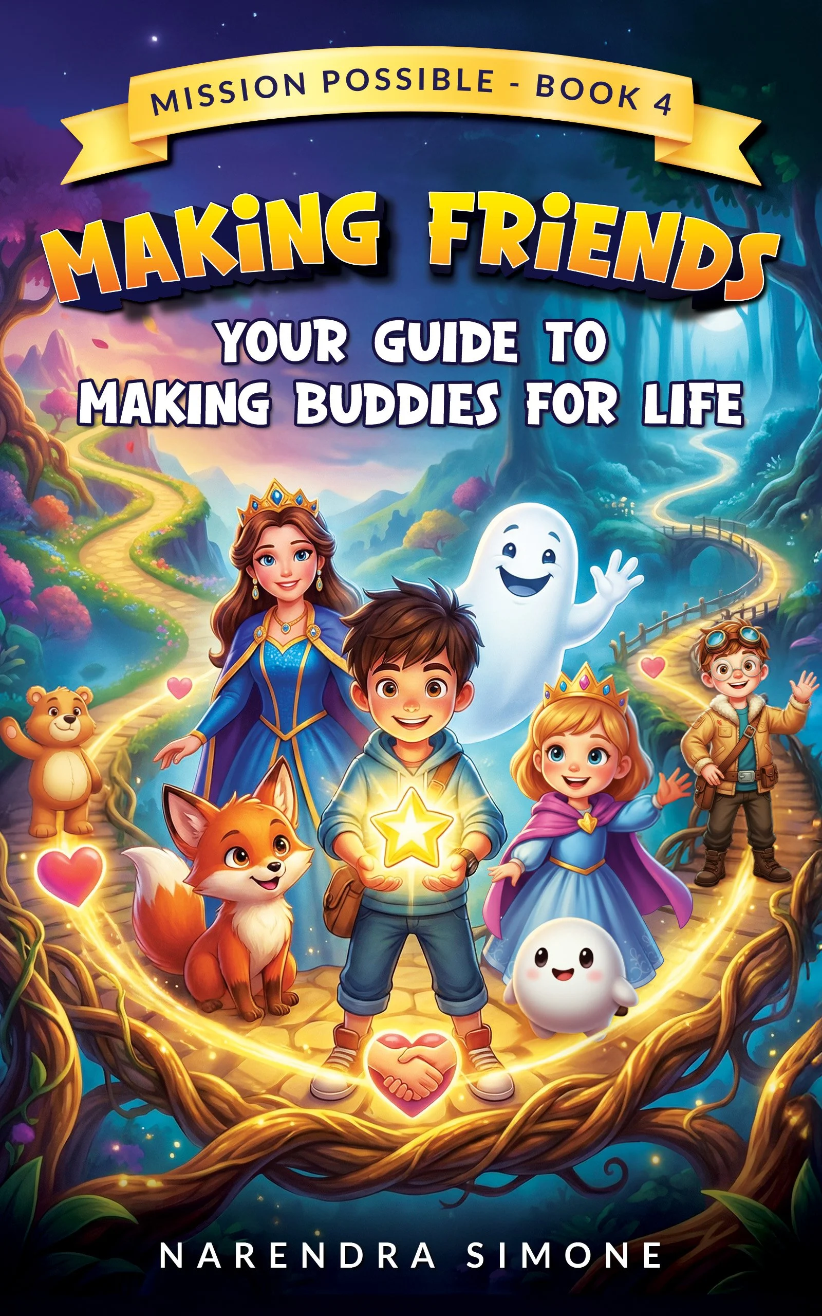 Cover of a children's book titled 'Making Friends: Your Guide to Making Buddies for Life' by Narendra Simone. The cover features a colorful animated scene with a young boy holding a glowing star, a girl in a princess dress, a smiling ghost, a fox, a bear cub, and another boy, all on a winding forest path surrounded by vibrant trees and glowing lights.