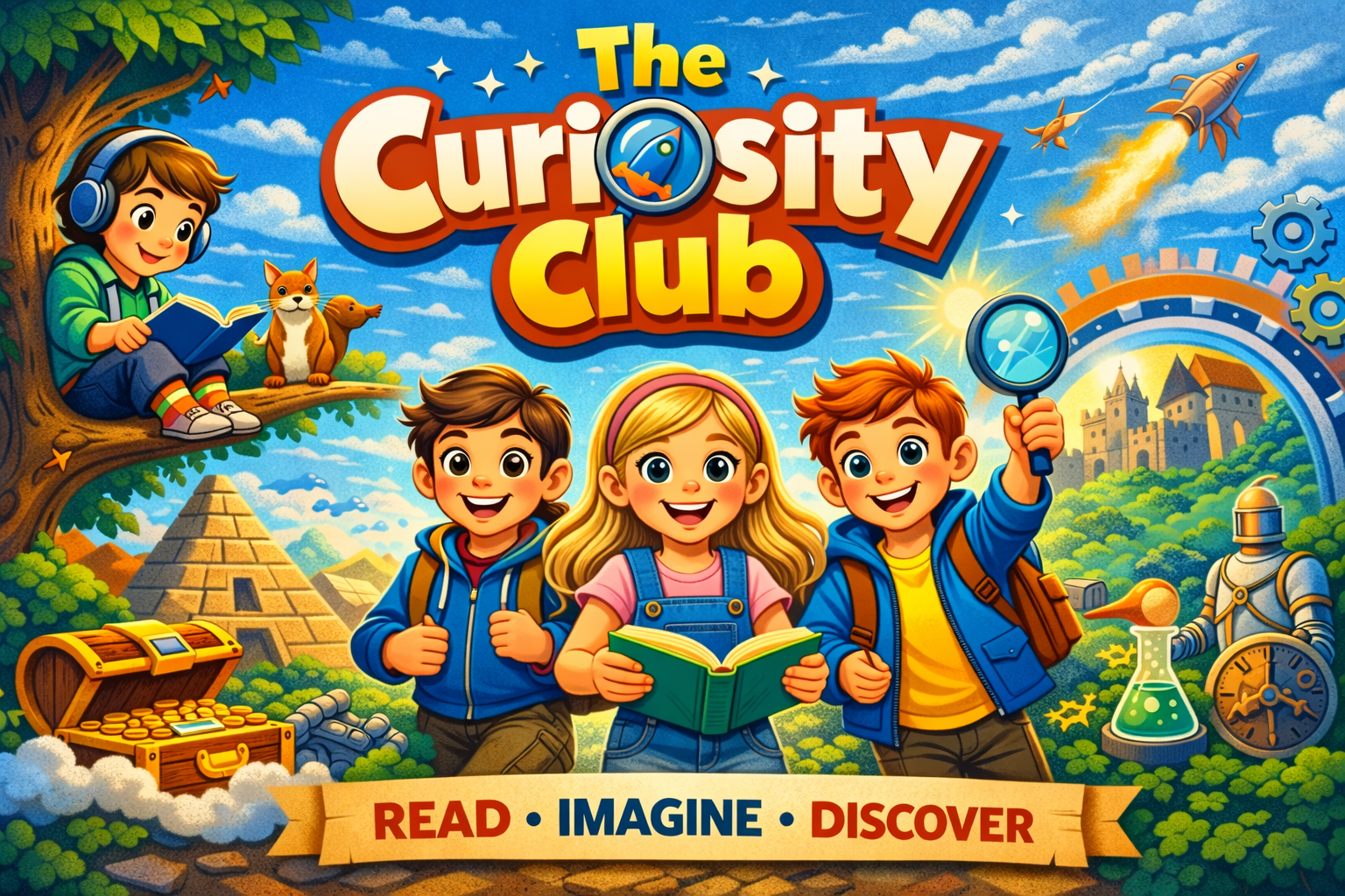 Colorful children's book cover titled "The Curiosity Club" showing three excited kids with backpacks exploring a fairy-tale land with castles, pyramids, a treasure chest, a fox, and science equipment like a beaker and clock. A girl is reading a book, and a boy is holding a magnifying glass. Sentiment words "READ, IMAGINE, DISCOVER" are at the bottom.