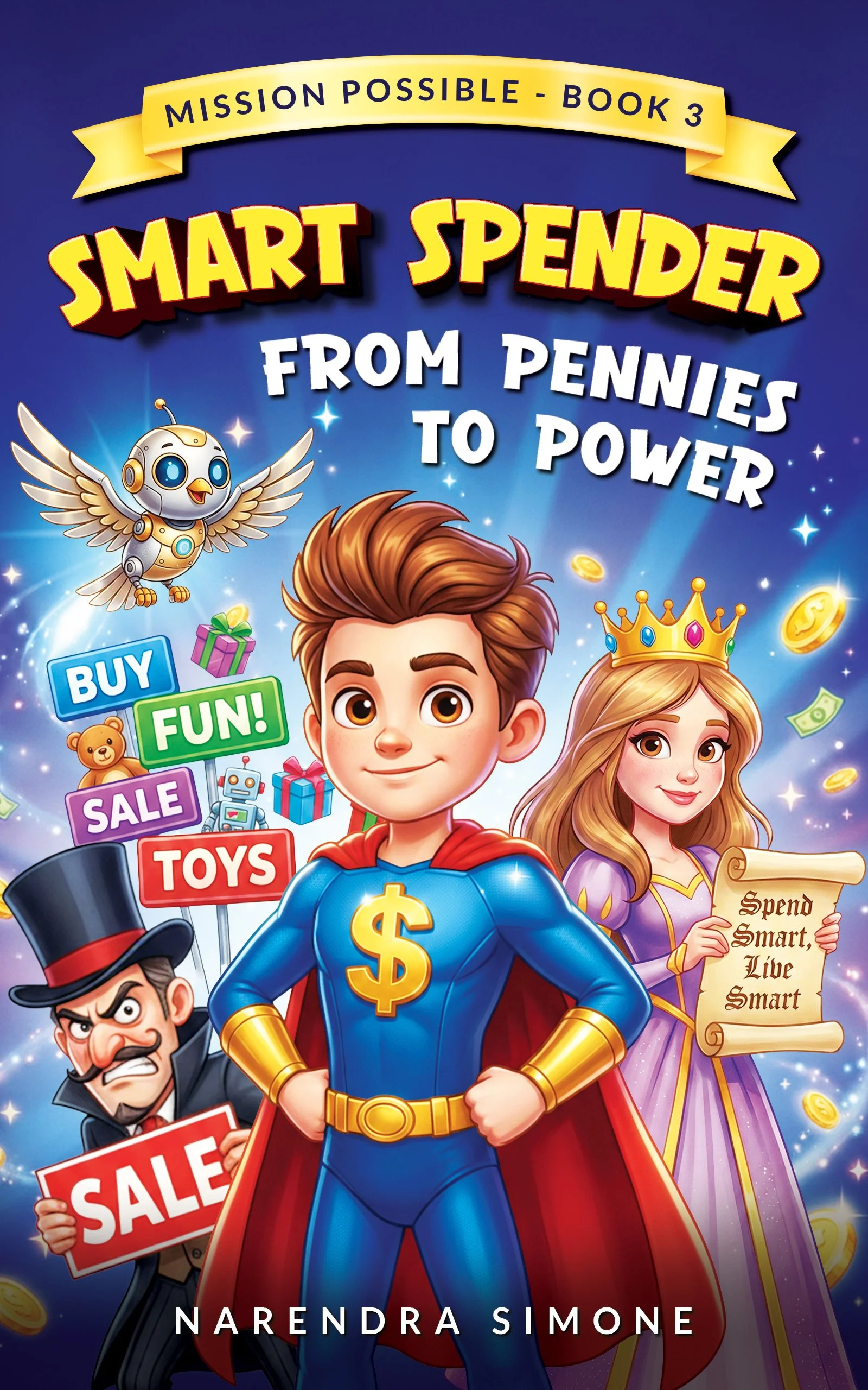 Book cover of 'Smart Spender from Pennies to Power' by Narendra Simone, featuring animated characters of a young boy dressed as a superhero, a princess, a villain holding a 'SALE' sign, a flying robotic owl, and colorful signs with words like 'BUY,' 'FUN!,' 'SALE,' and 'TOYS,' with flying coins and dollar bills in the background.