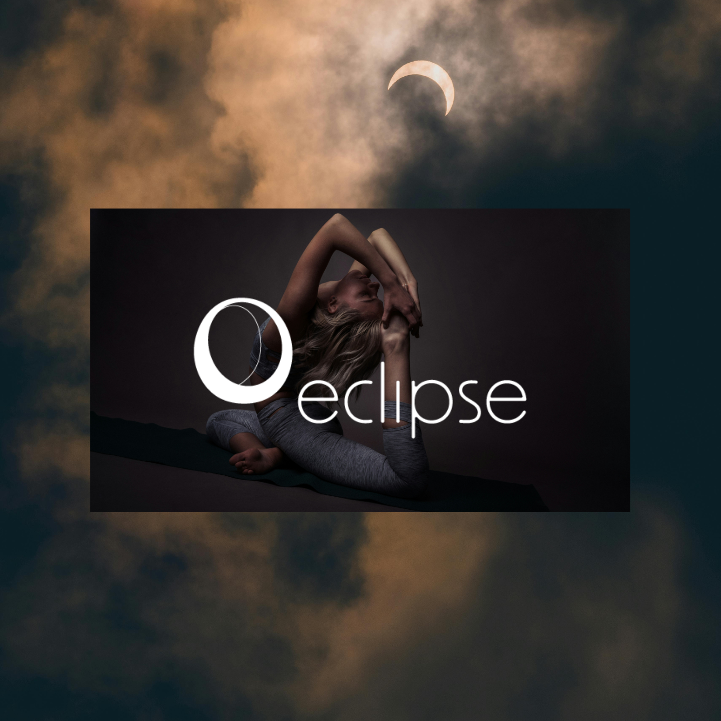 A woman practicing yoga indoors with a dark background, overlaid with the text 'Eclipse' and an image of a crescent moon in the sky.