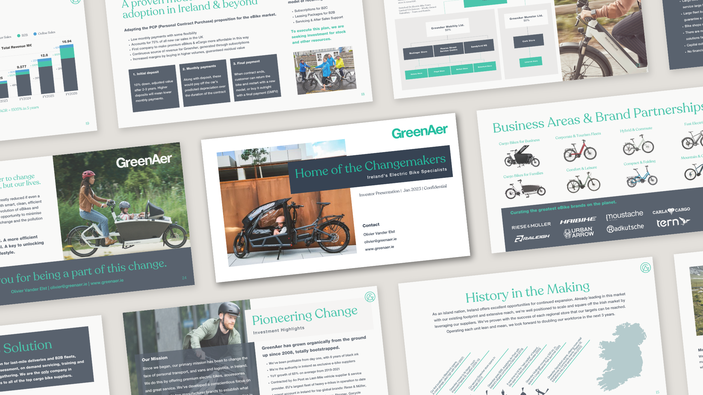 A pitch presentation slide showcasing electric bike models, with a focus on innovative and sustainable transportation solutions.