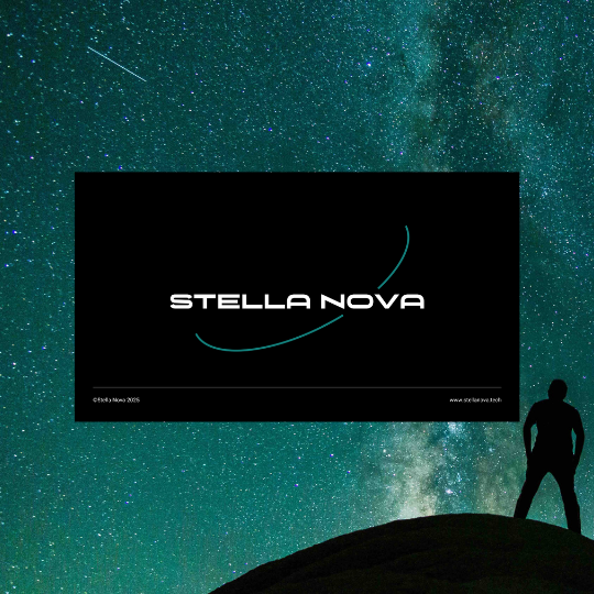 The image features a person standing on a hilltop under a starry night sky with the Milky Way visible. A black rectangle with the text 'Stella Nova' and design lines overlays the sky.