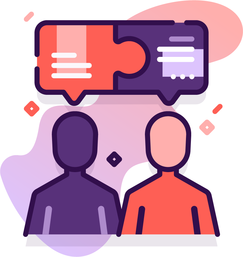 Stylized illustration of two faceless people having a conversation, with speech bubbles above them indicating dialogue.