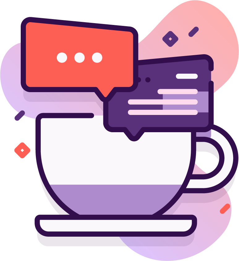 Illustration of a coffee cup with multiple chat message bubbles above it.