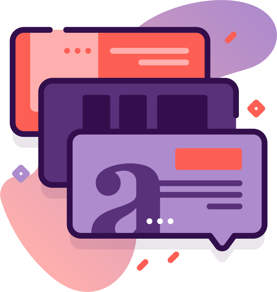 Abstract digital illustration of chat bubbles and messages in purple, orange, and peach.