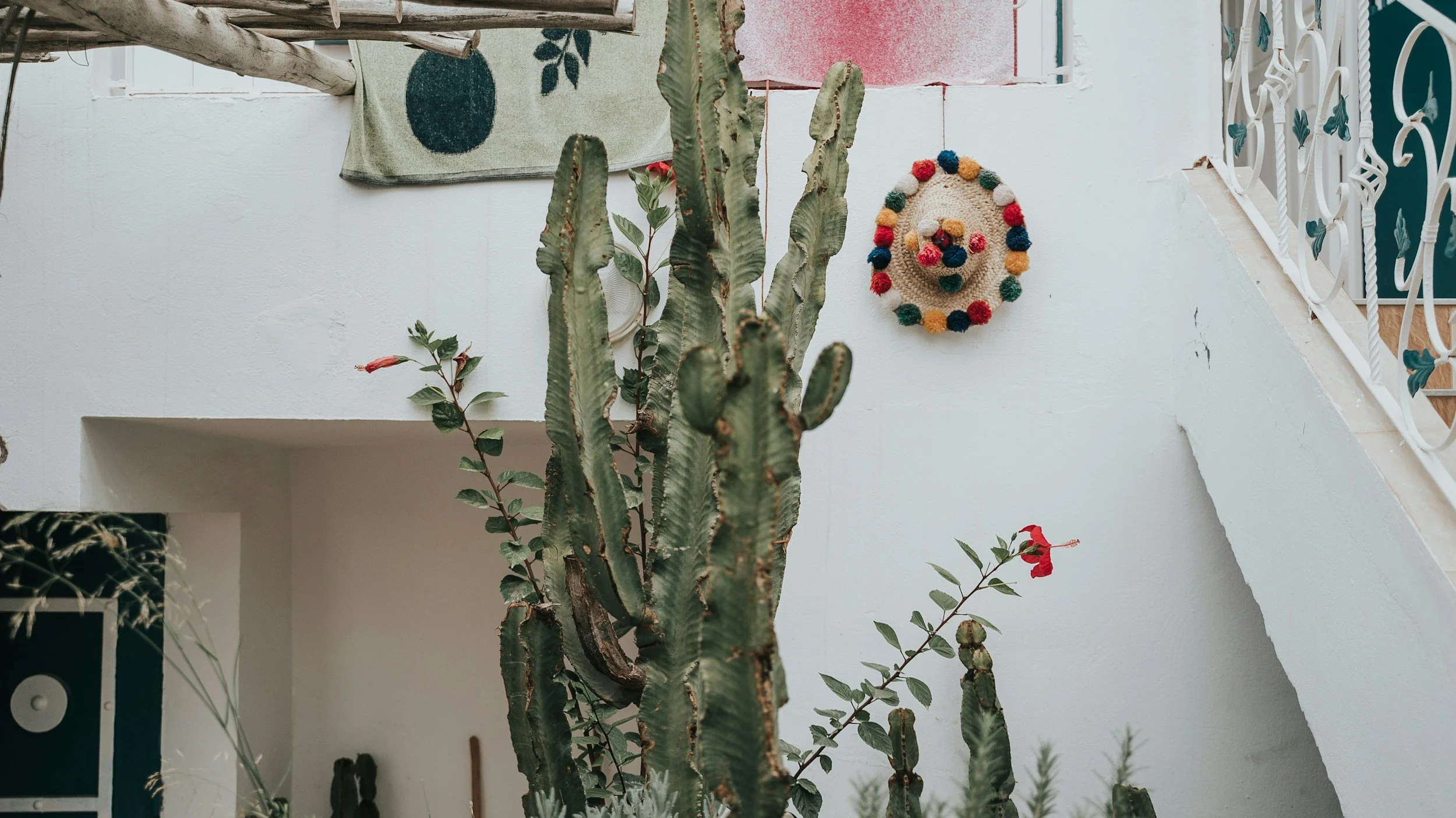 A large cactus plant in the foreground with red flowering branches. The background shows a white wall with a colorful circular woven wall hanging and a green towel with a dark circle pattern hanging over a wooden beam. A staircase with decorative white railing is on the right side.