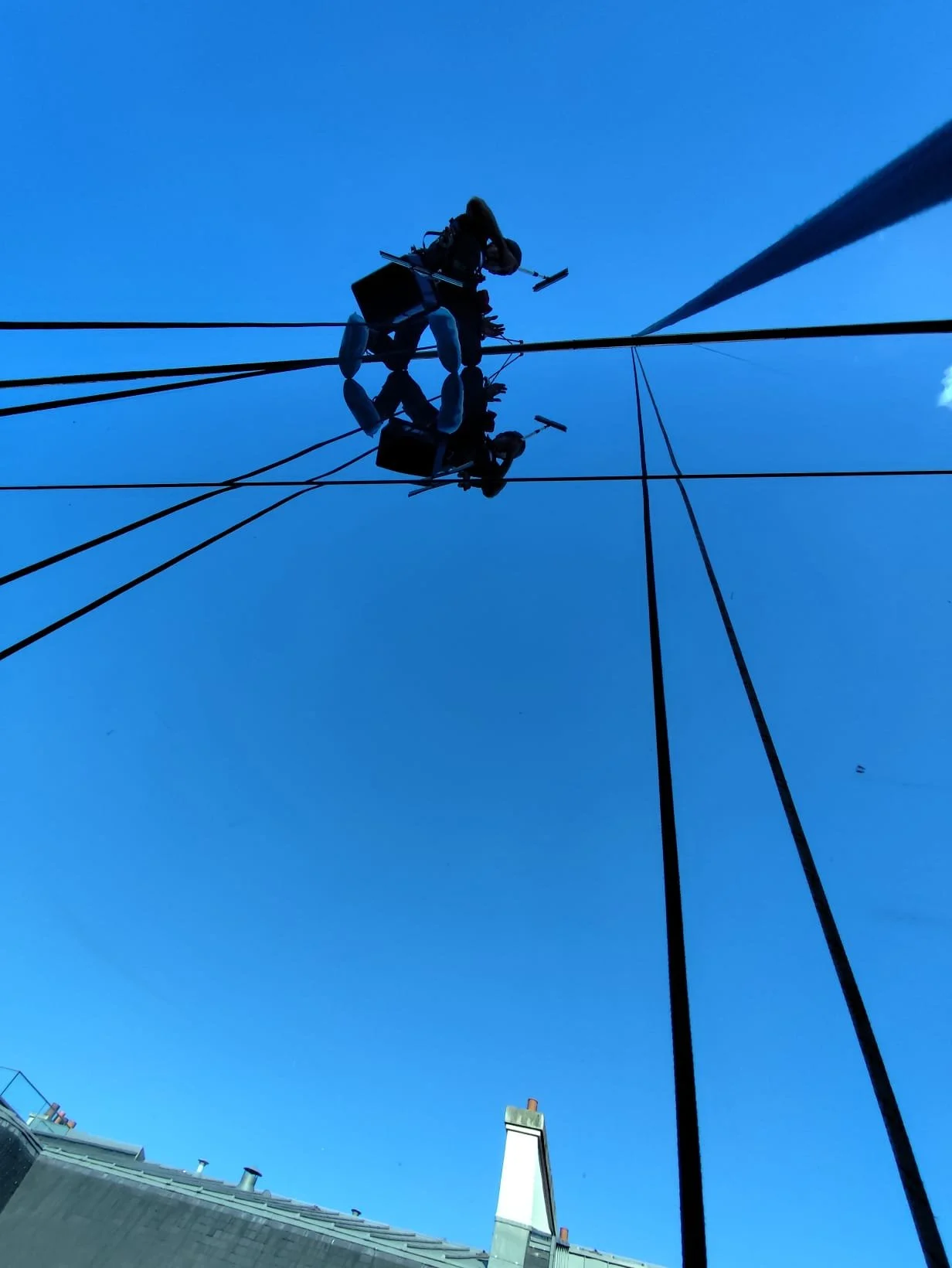Travailleurs travaillant en hauteur sur des câbles suspendus contre un ciel bleu.
