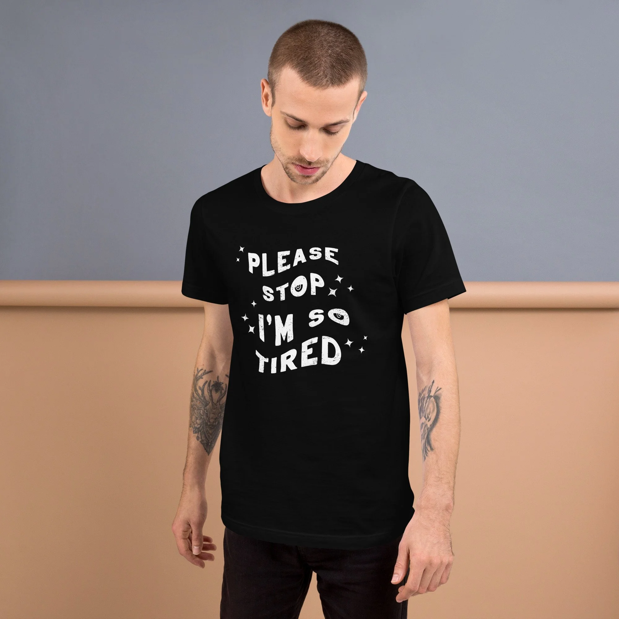Please Stop_unisex-staple-t-shirt-black-front-67ca6fa5837d5.jpg