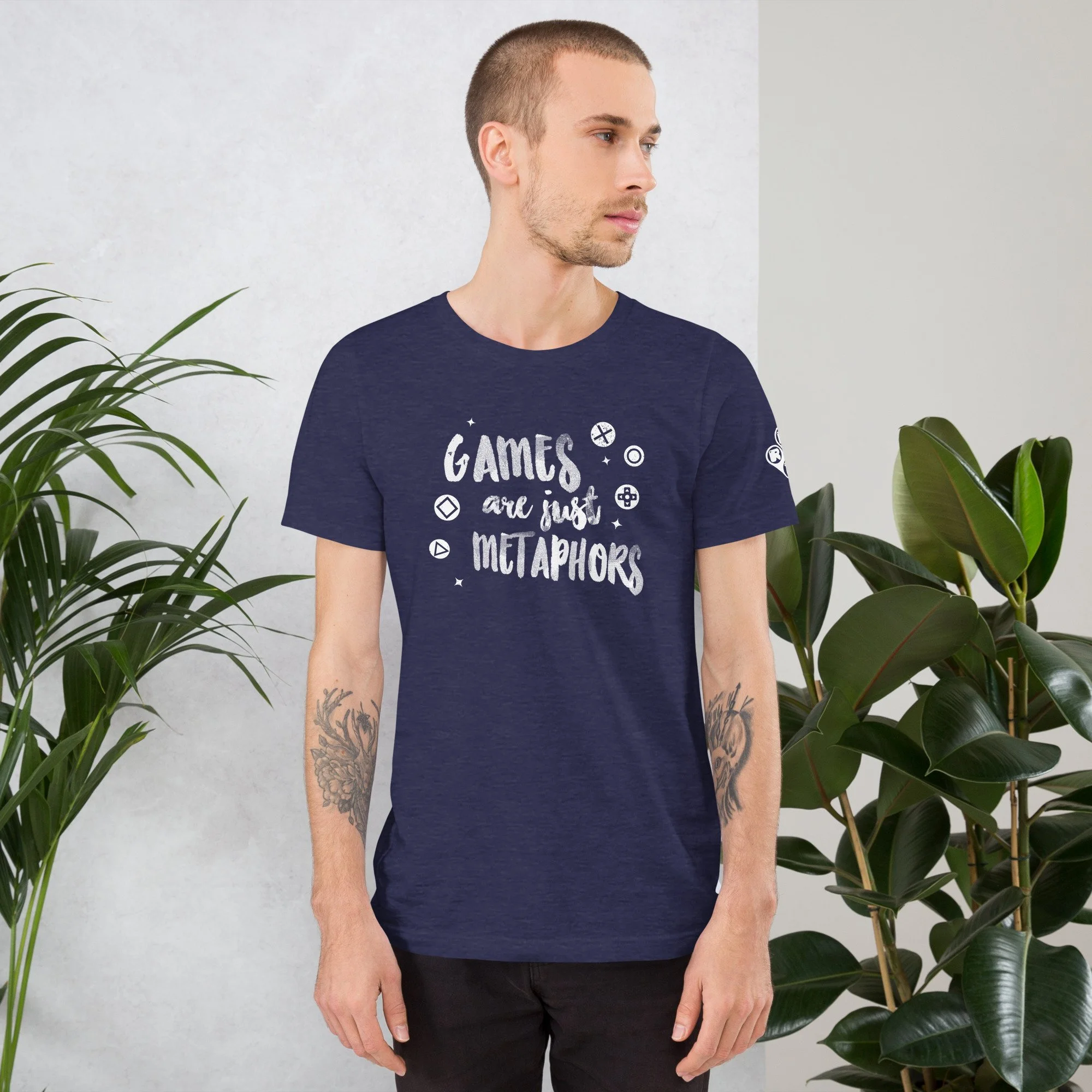 Metaphors_unisex-staple-t-shirt-heather-midnight-navy-front-67ca5836a8a72.jpg
