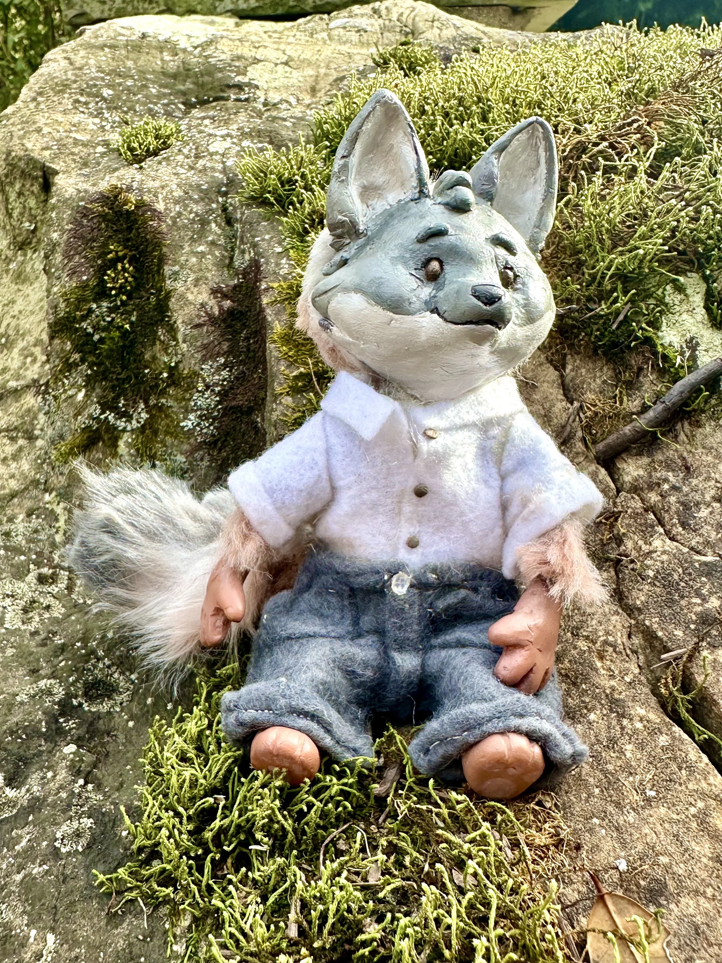 Francis Gray Fox - sculpey, wire, fabric, acrylic paint