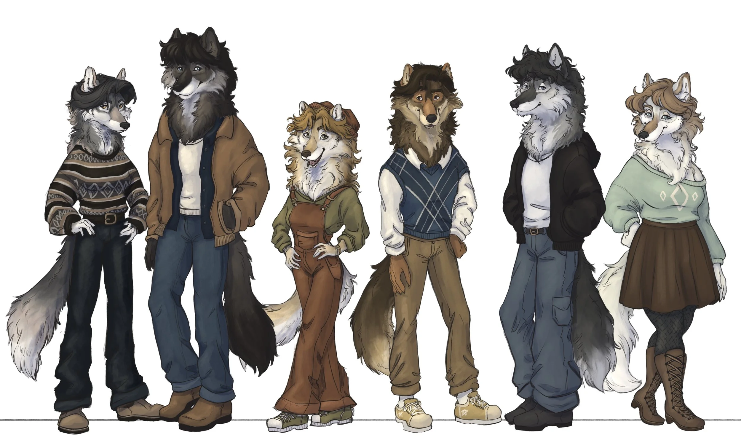 Illustration of seven anthropomorphic wolf characters in casual and vintage clothing, standing in a row.