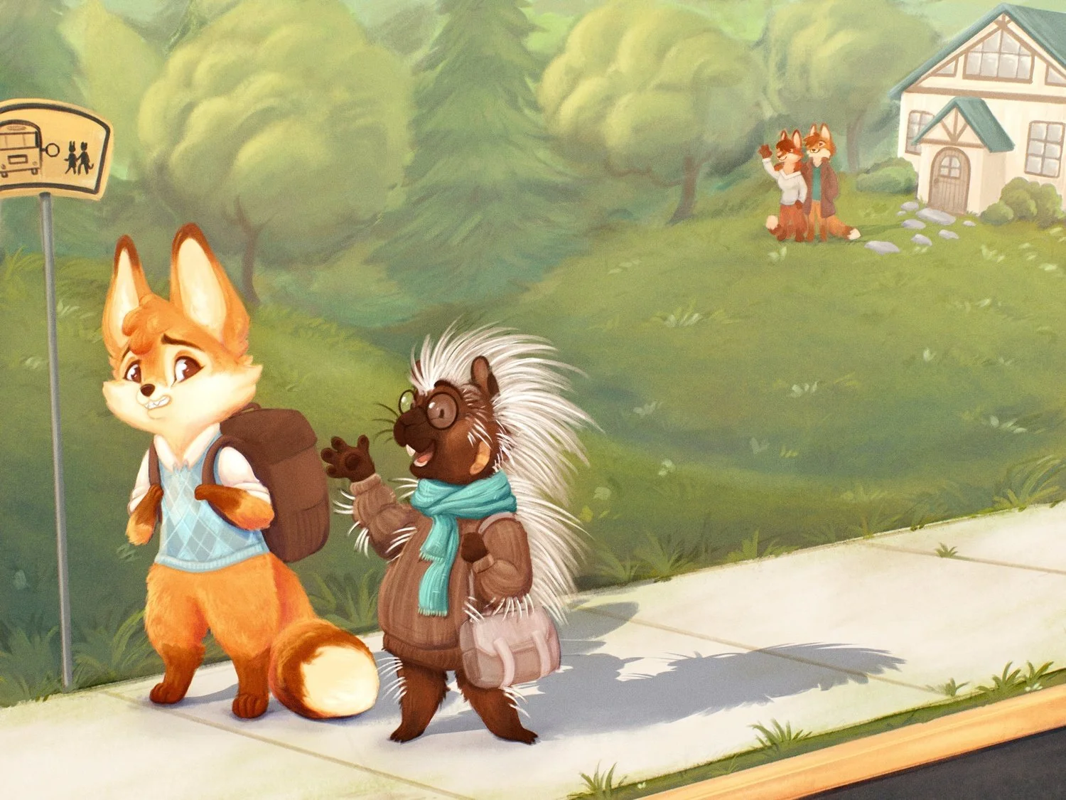 Cartoon illustration of two anthropomorphic animals at a bus stop. One is a fox with a backpack, and the other is a porcupine with glasses, a scarf, and a briefcase, waving and smiling. In the background, two other animal characters are waving near a
