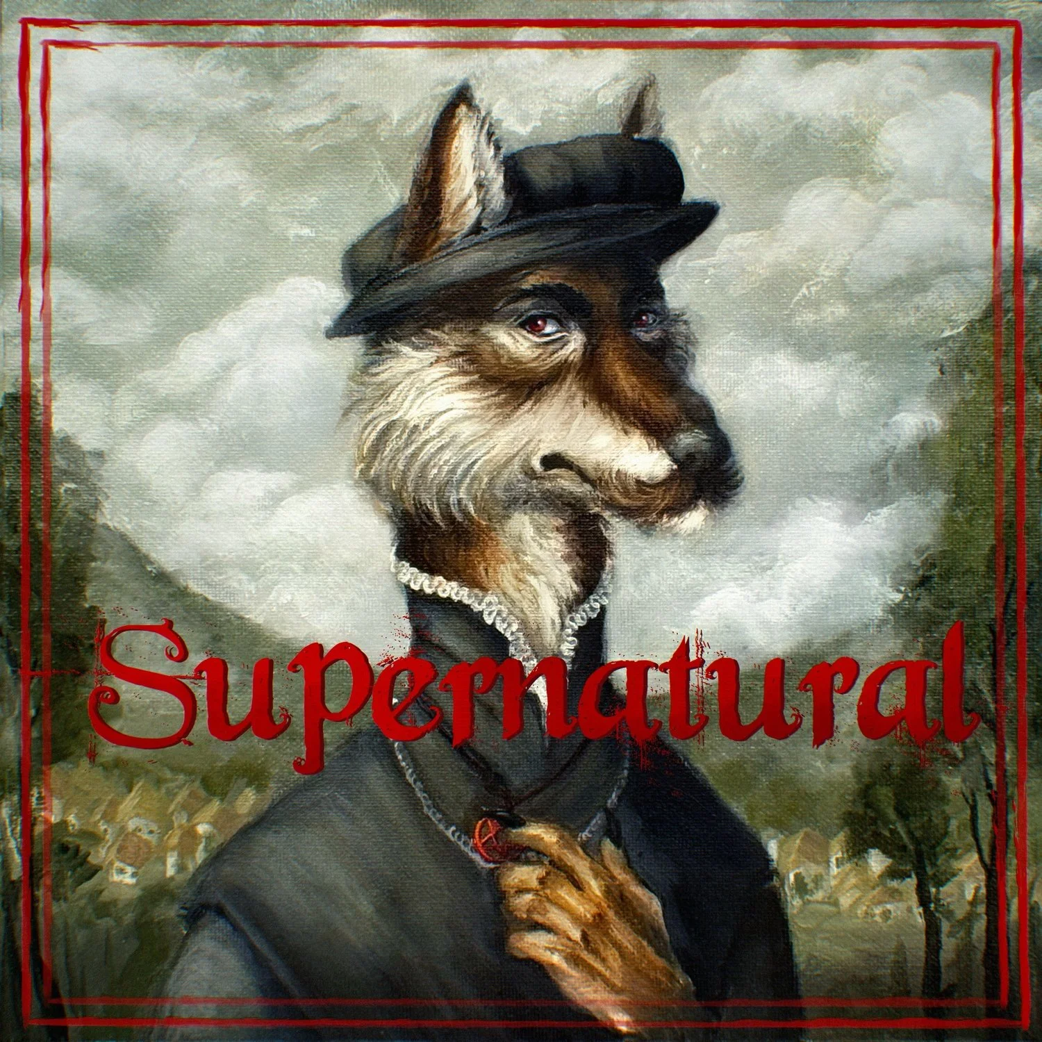 Illustration of an anthropomorphic dog in Victorian-style clothing, wearing a hat and a pearl necklace, with a background of cloudy sky and trees, and the word 'Supernatural' written across the image in red text.