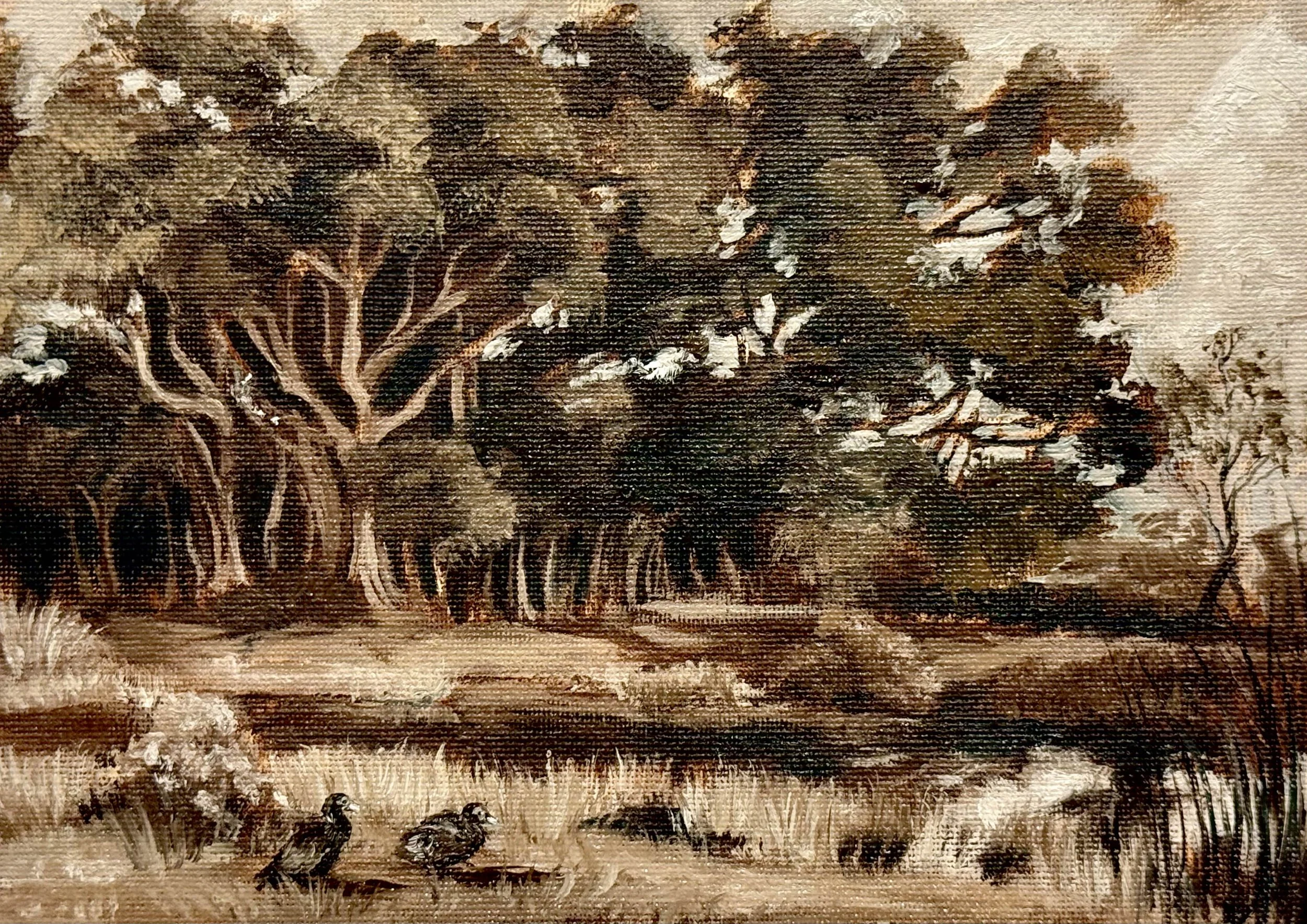 Monochromatic Pond With Ducks - Oil