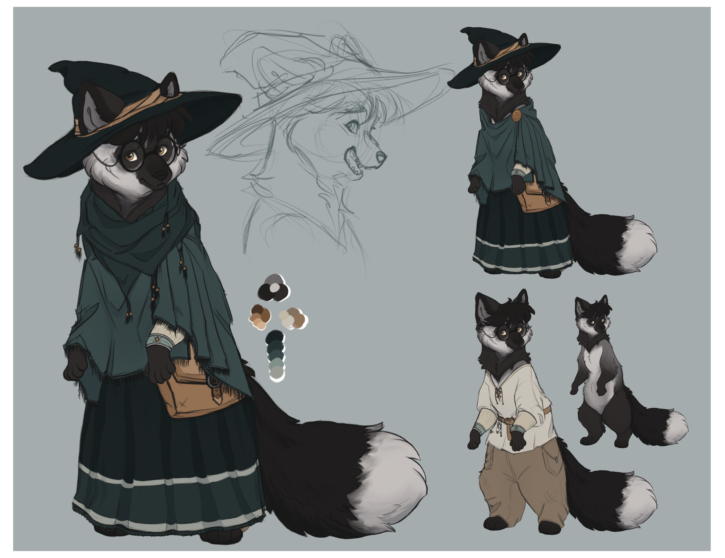 Digital character sheet featuring an anthropomorphic fox dressed as a wizard or mage. The fox wears a large wide-brimmed hat, round glasses, a teal cloak with a pin, and a long dark skirt with white stripes. The character is shown in multiple poses a