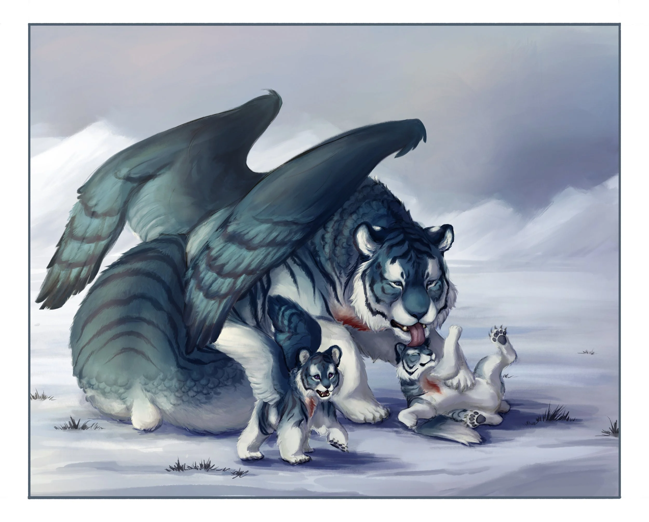 Illustration of a large winged tiger with blue and white fur, snarling, on a snowy landscape, attacking three smaller winged tigers with silver fur and black markings, some blood on their necks.
