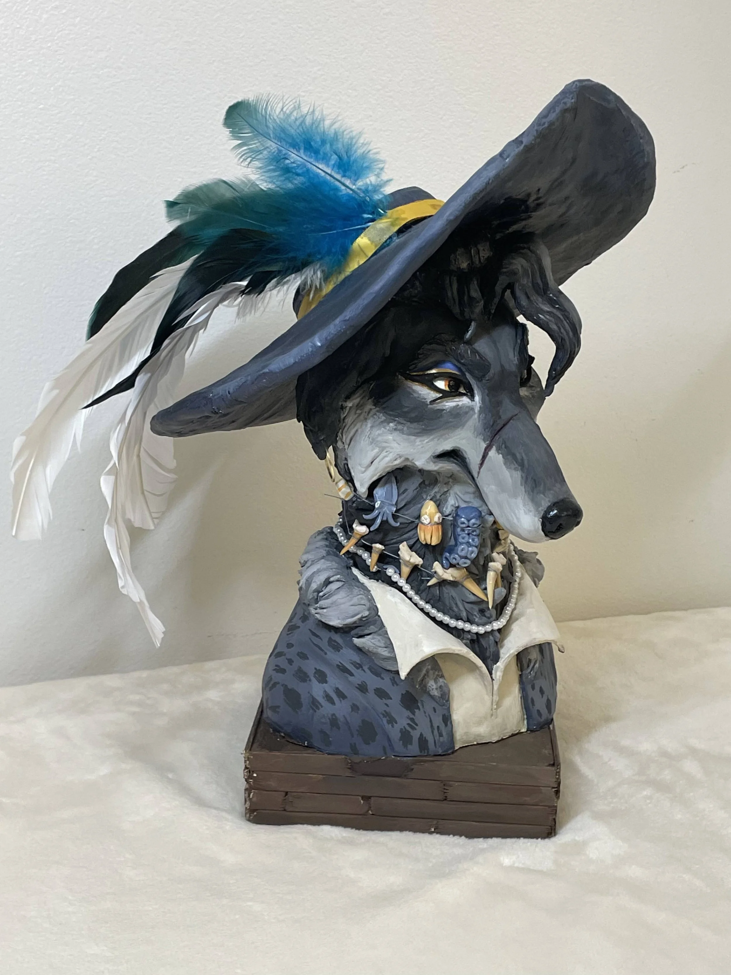 Bronwyn (villain pirate dog) - sculpey, feathers, wire, wood