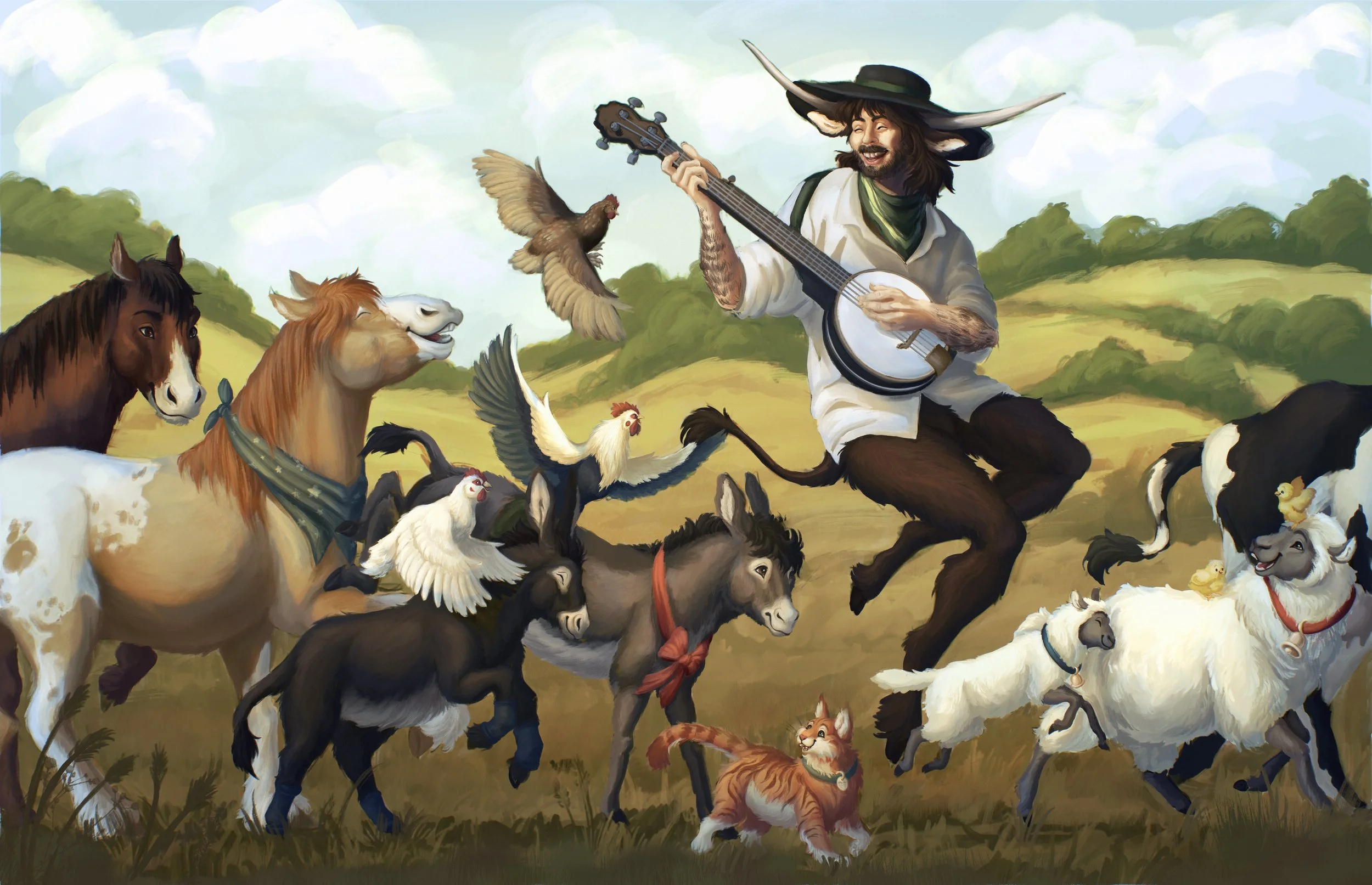 A man with animal-like arms playing a banjo while surrounded by farm animals, including horses, chickens, cats, and ducks, in a bright, grassy field with rolling hills and a cloudy sky.