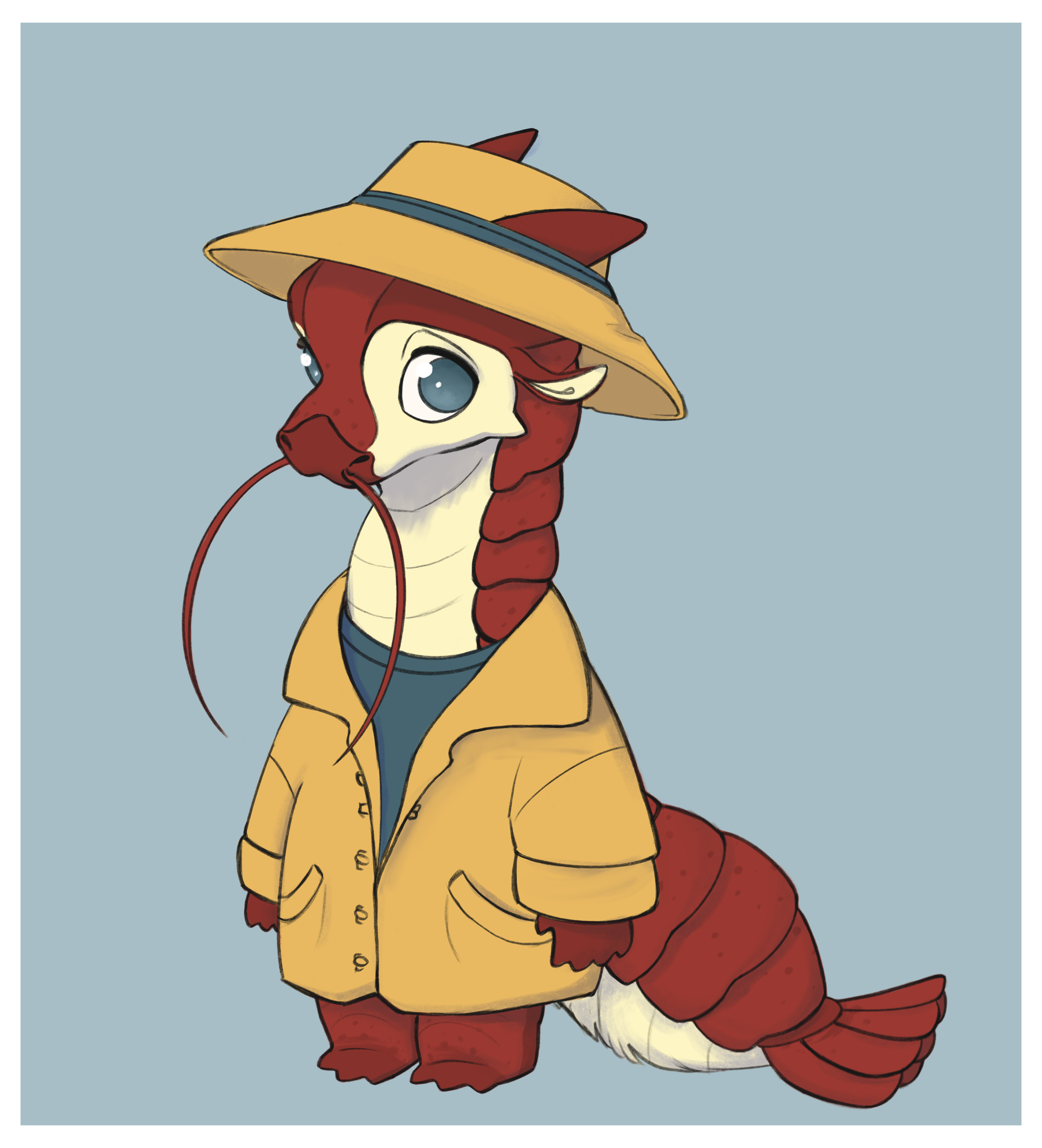 Anthropomorphic dragon character with red and cream-colored scales, wearing a tan fedora hat with a dark band, a yellow trench coat, and a dark shirt, standing against a light blue background.