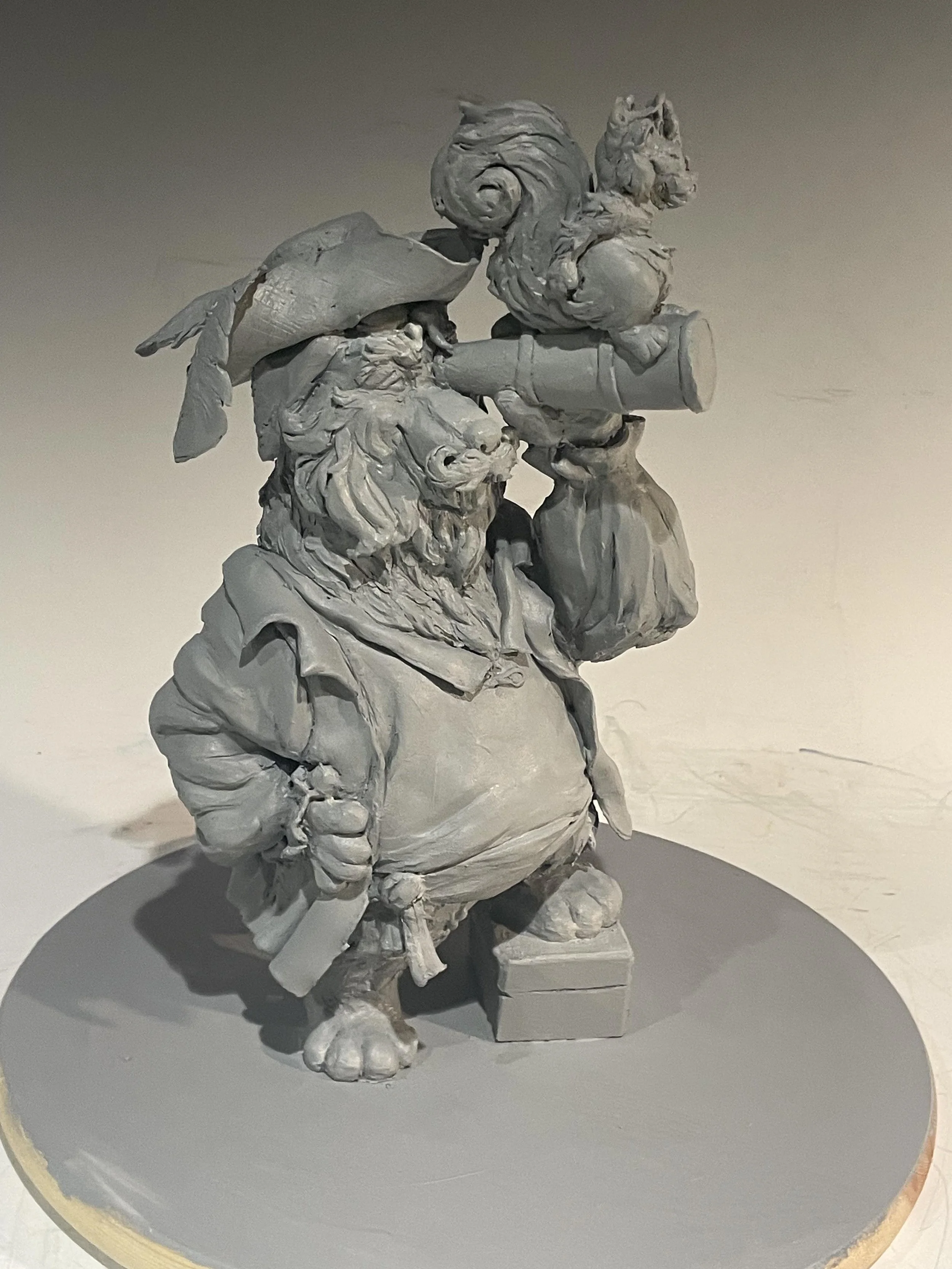 Goldbeard the Pirate Dog and Parrot - sculpey, gesso, wire