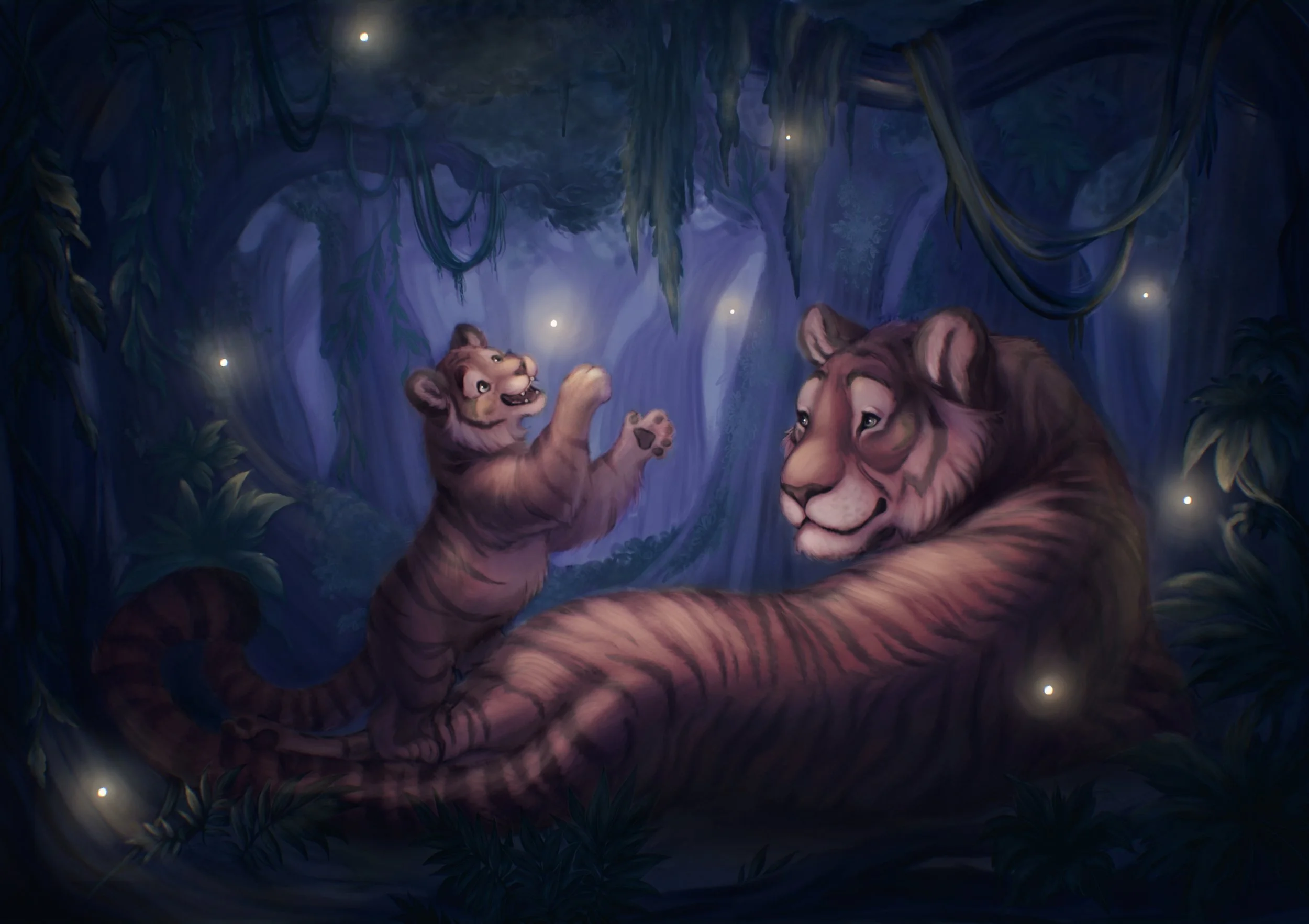 A tiger cub playfully pawing at a larger, calm tiger in a lush, dark jungle with glowing fireflies and hanging vines.