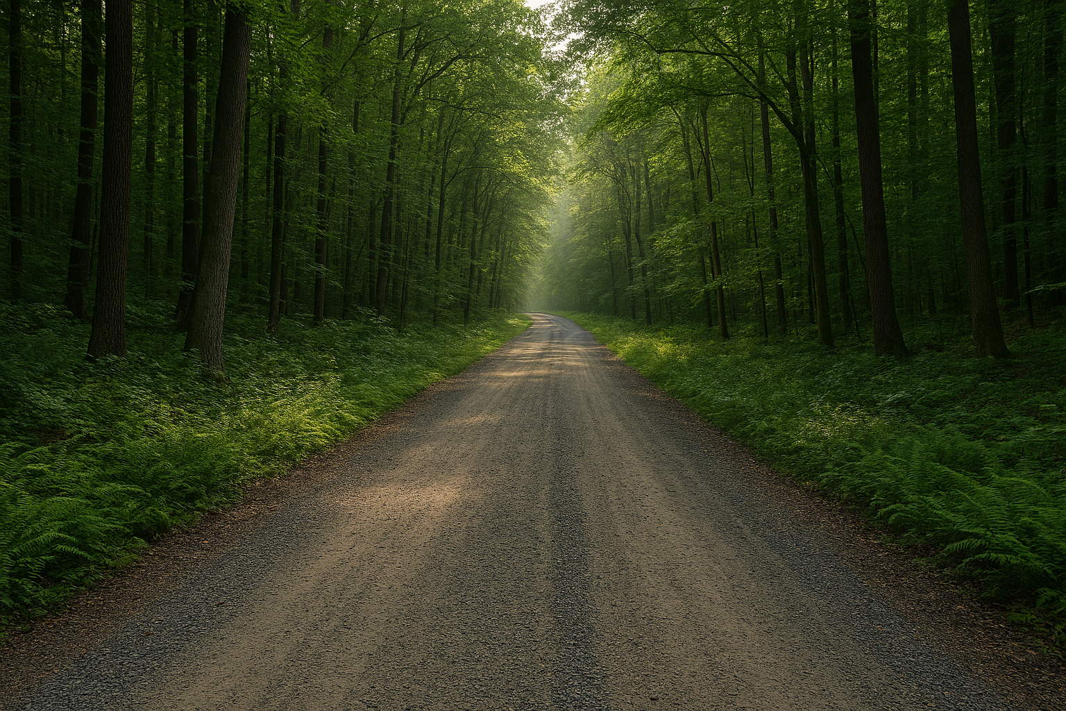 A straight gravel road running through a dense green forest with sunlight filtering through the trees.