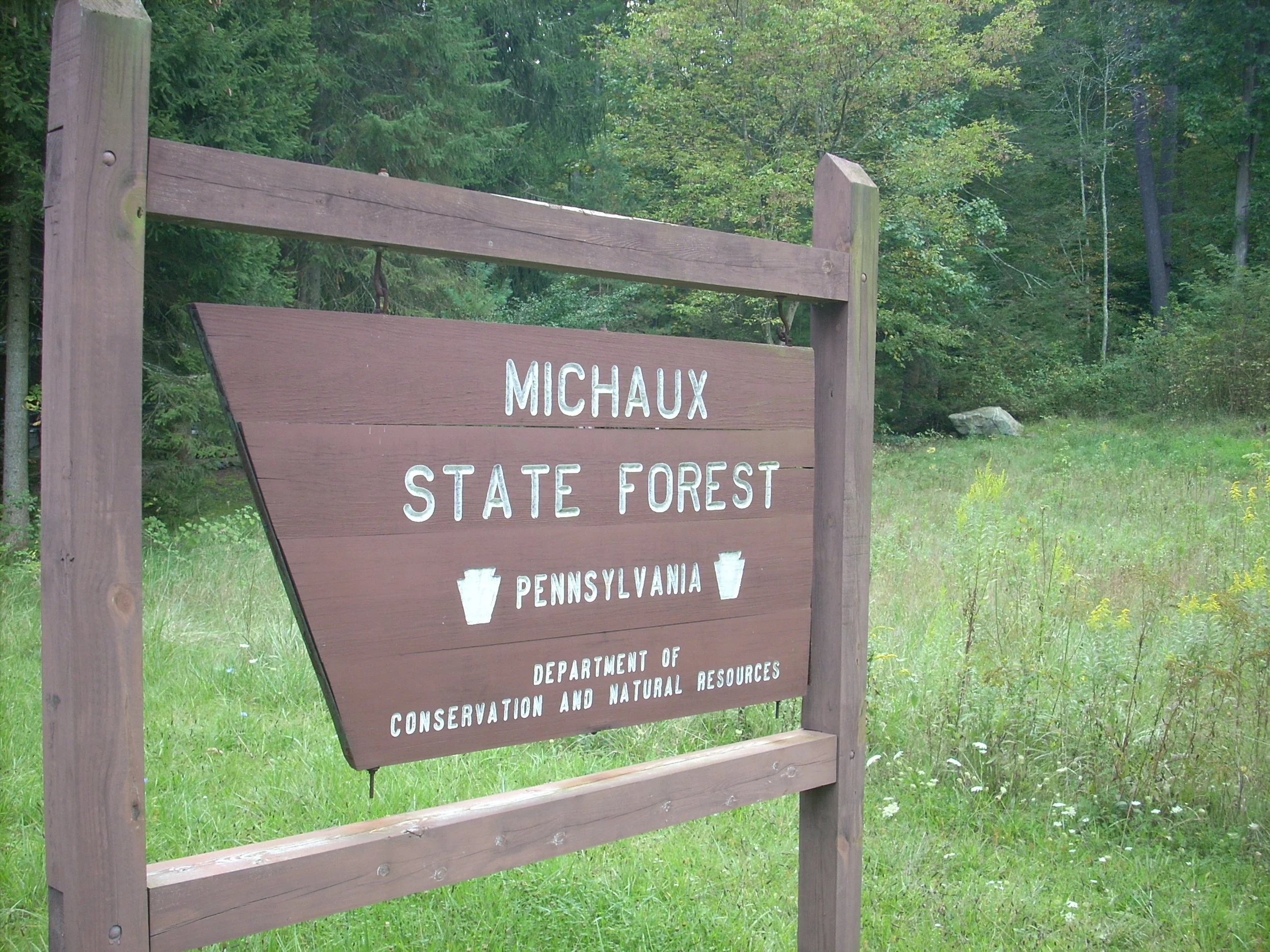 Brown wooden sign for Michaux State Forest, Pennsylvania, with white text issued by the Department of Conservation and Natural Resources, situated in a green forested area.