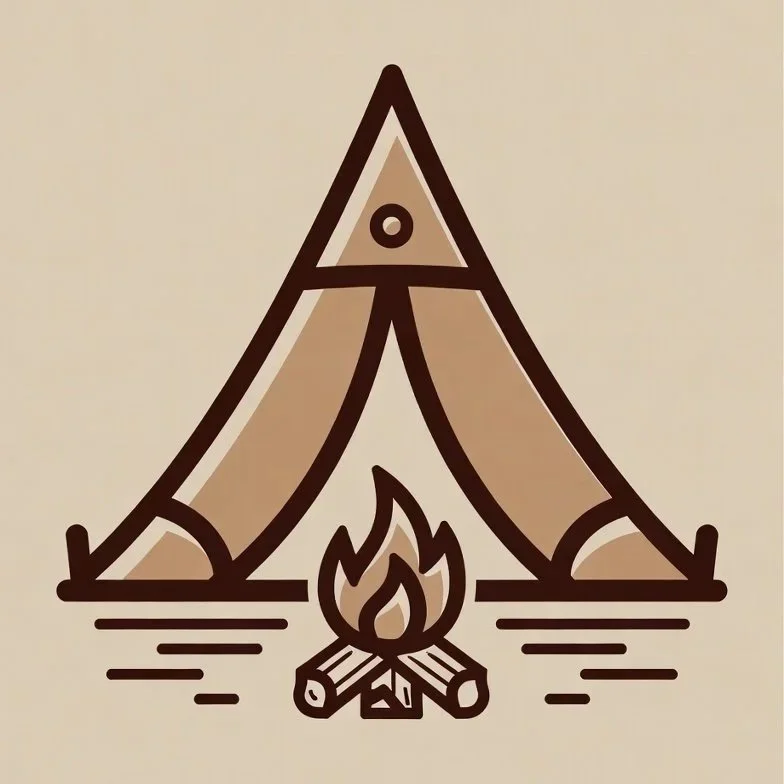 Line drawing of a tent with a campfire in front of it.