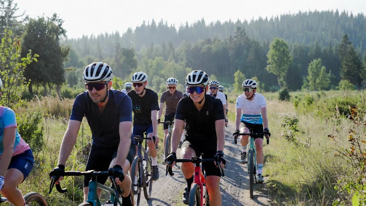 Group of people riding bicycles on a dirt trail through a forested area.