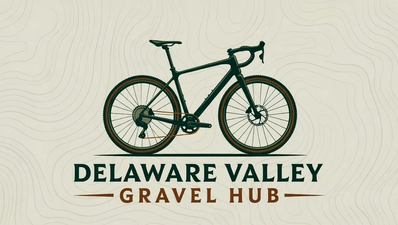 Logo of Delaware Valley Gravel Hub featuring a black and brown mountain bike with a terrain map background.
