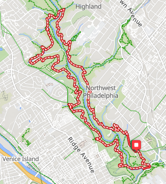 A map showing a red and blue route trail through Northwest Philadelphia, including areas like Highland and Venice Island.
