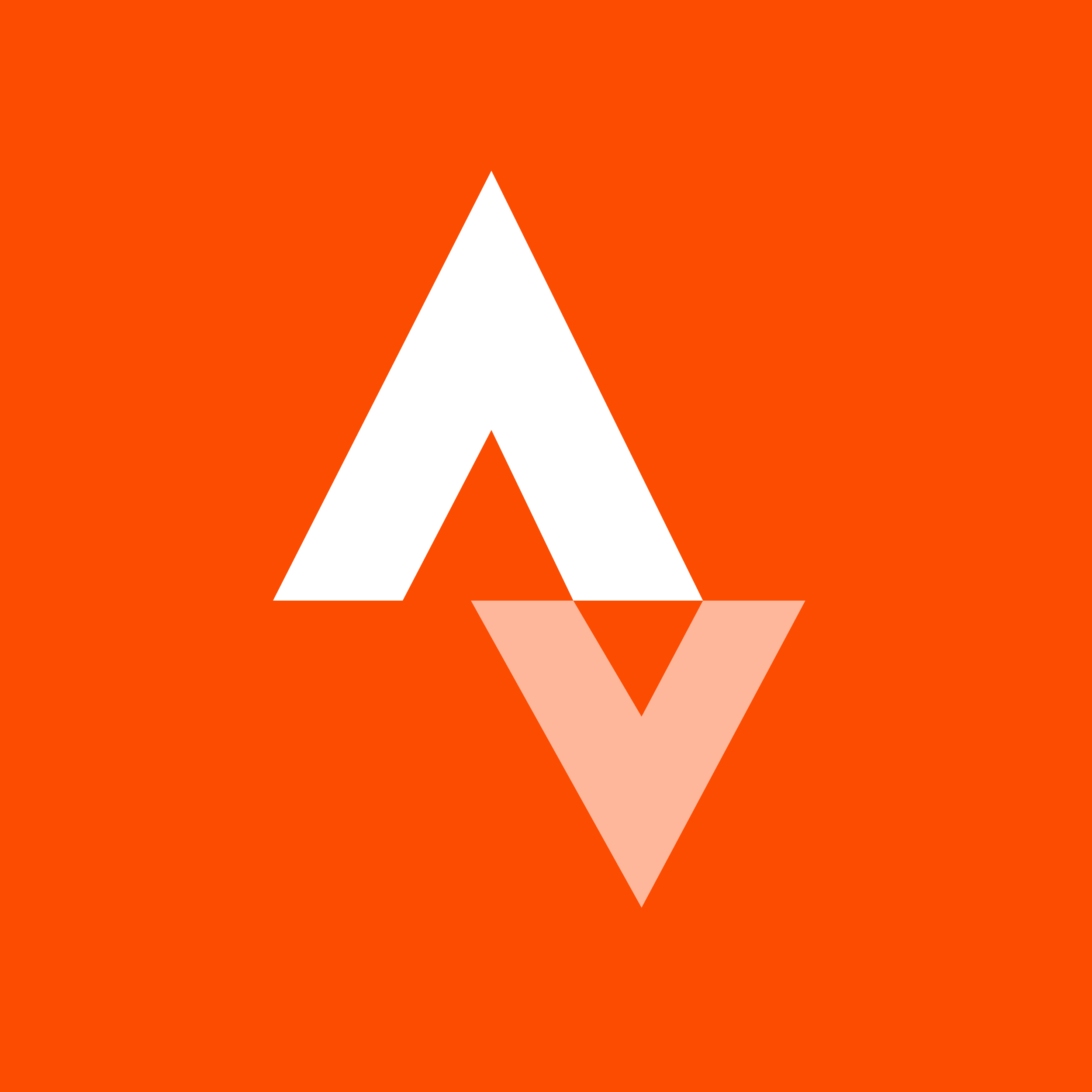 An abstract logo with a white upward arrow and a pink downward arrow overlapping on an orange background.