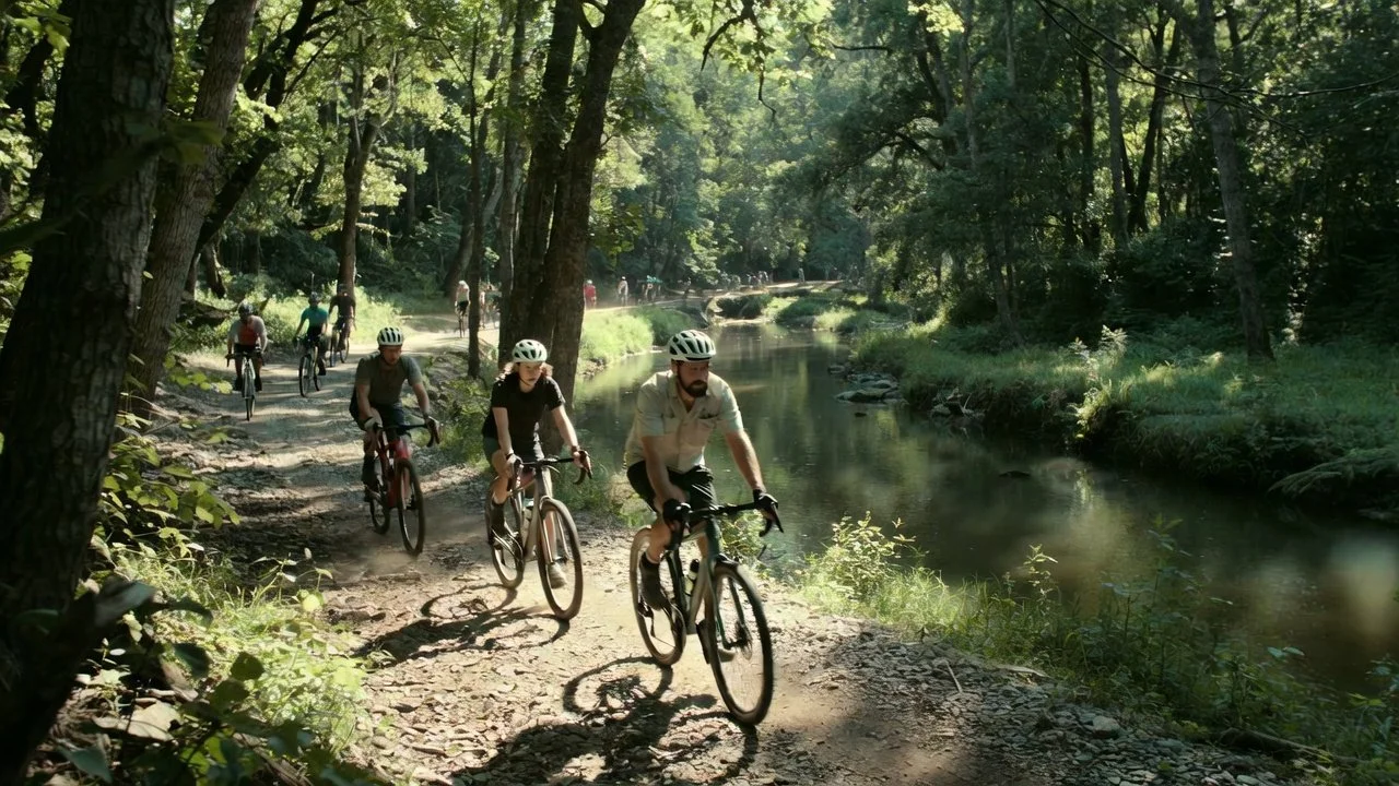 Group of people mountain biking on a forest trail beside a river.