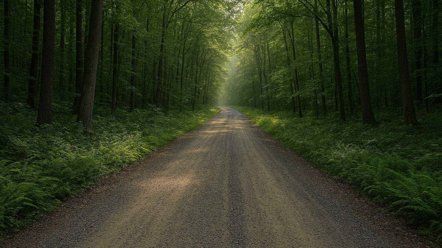 A gravel road winding through a dense green forest with sunlight filtering through the trees.