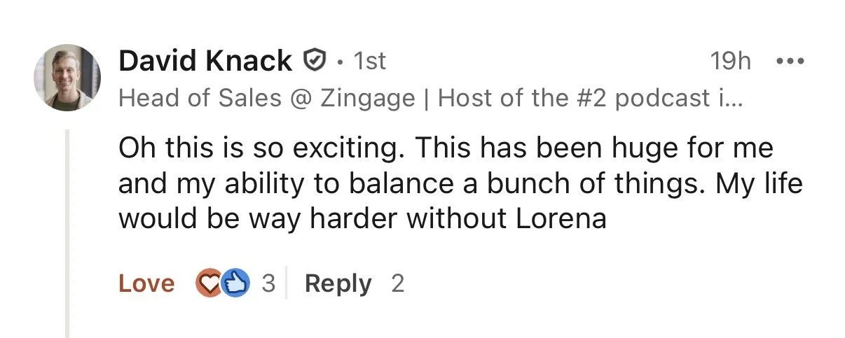 Screenshot of a Facebook post by David Knack mentioning excitement, balance, and life without someone named Lorena.