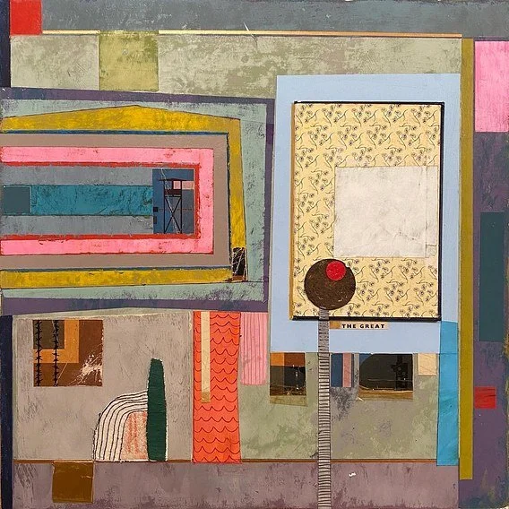 The Great Escape.
Acrylic paint, embroidery and found objects on wooden board 50 x 50cm