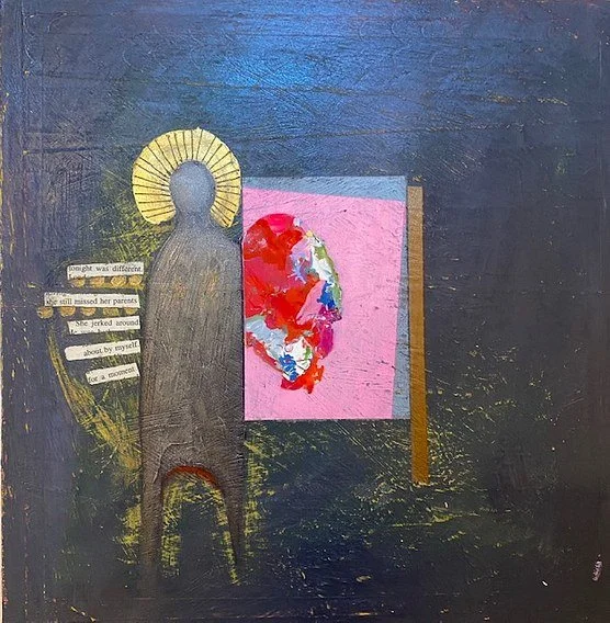 Acrylic paint, found writing and graphite on wooden board. 30 x 30cm