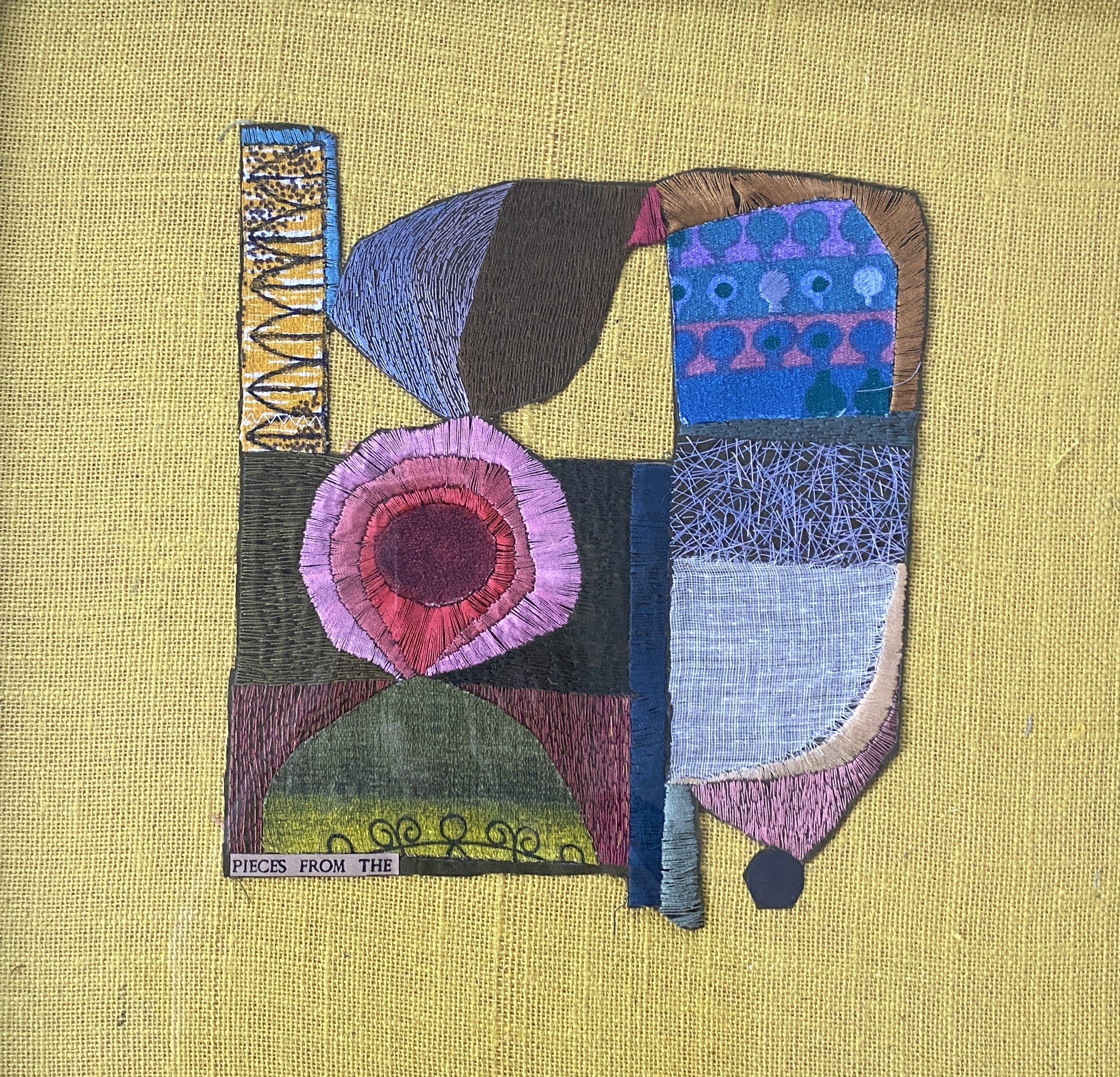 Pieces from the.
Embroidery and found objects on hessian and board. 50 x 50cm