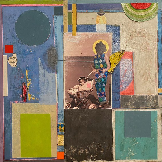 Moth Baby
Acrylic paint, embroidery and found objects on wooden board 76 x 76cm