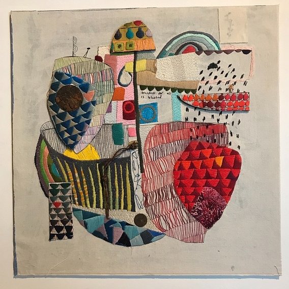 Trespass.
Embroidery, found objects and paper clay on cotton. 50 x 50cm.