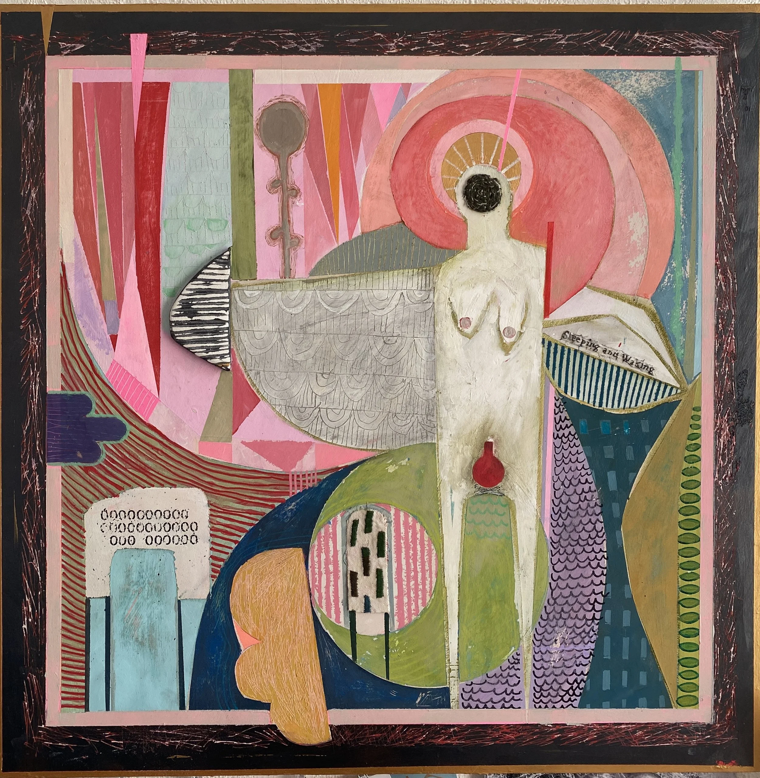 Close Enough.
Acrylic paint, embroidery and found objects on wooden board. 50 x 50 cm