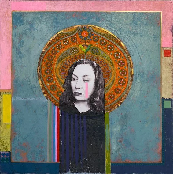 Mother. 
Acrylic paint, embroidery, photograph on wooden board 76 x76 x 3cm