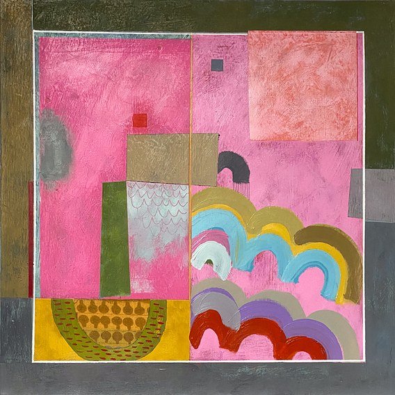 Slight Slip.
Acrylic paint, ink and found fabric on wooden board. 60 x 60 x 4cm