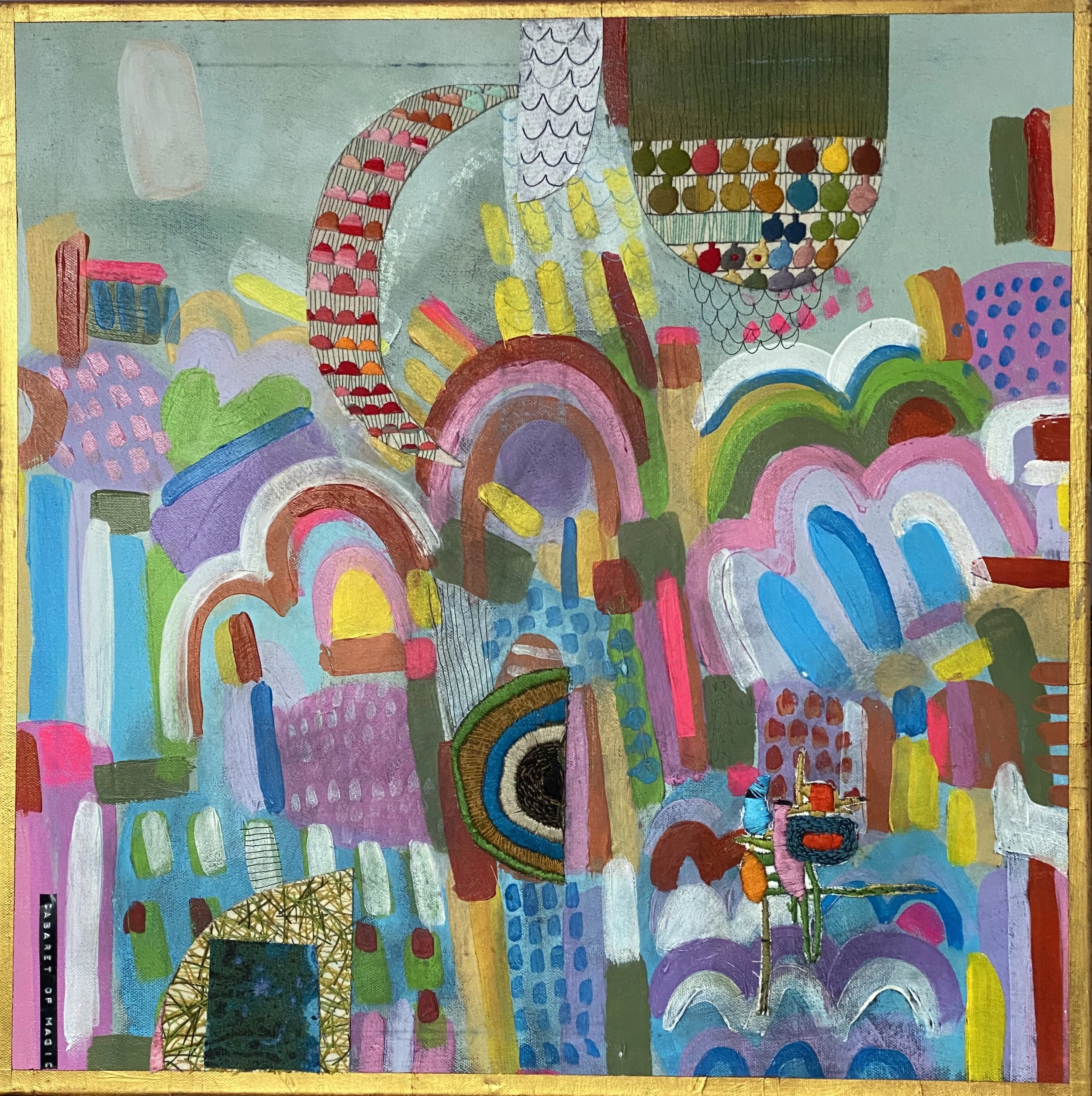 Cabaret of Magic.
Acrylic paint, embroidery and label maker on canvas. 60 x 60cm