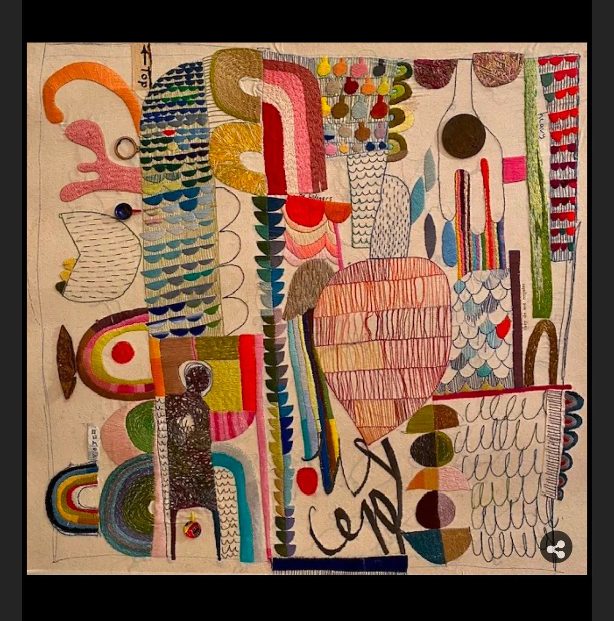 No Listeners.
Freeform embroidery and found objects on cotton. 75 x 75cm