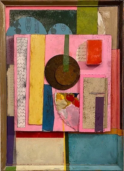 Repeat Orders.
Acrylic paint, found objects and collage on board and found frame. 39 x 54cm.